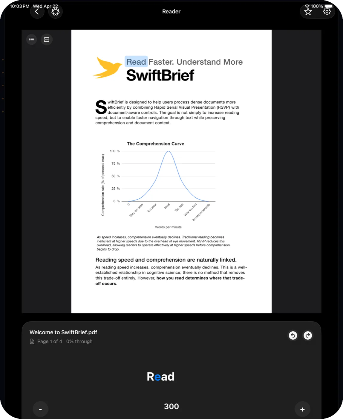 SwiftBrief on iPad: a full-width PDF page above, and a reader panel below showing ‘Welcome to SwiftBrief.pdf, Page 1 of 4’ with the current word and speed controls.
