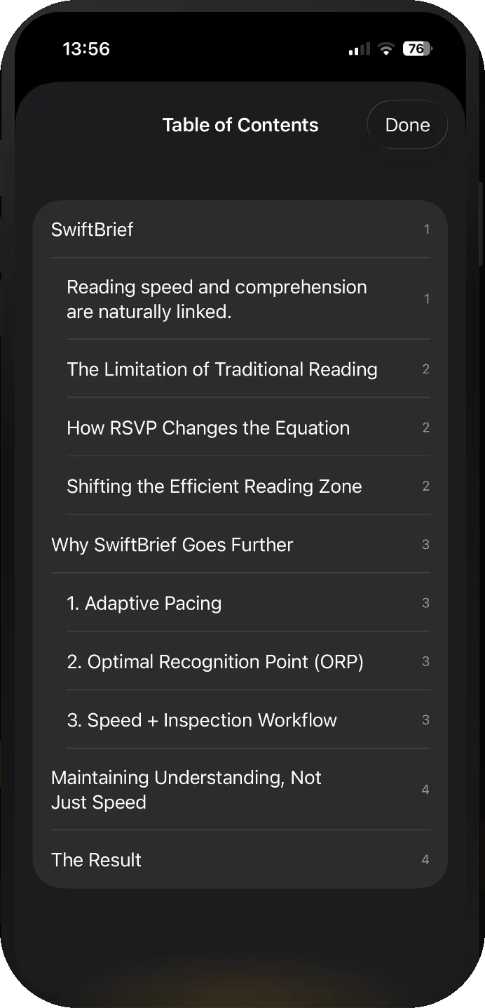 A PDF table of contents in SwiftBrief listing chapter headings with page numbers.